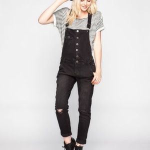 Distressed black denim overalls!